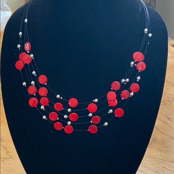 Multi-strand Red and Silver Necklace - Picture 1 of 3